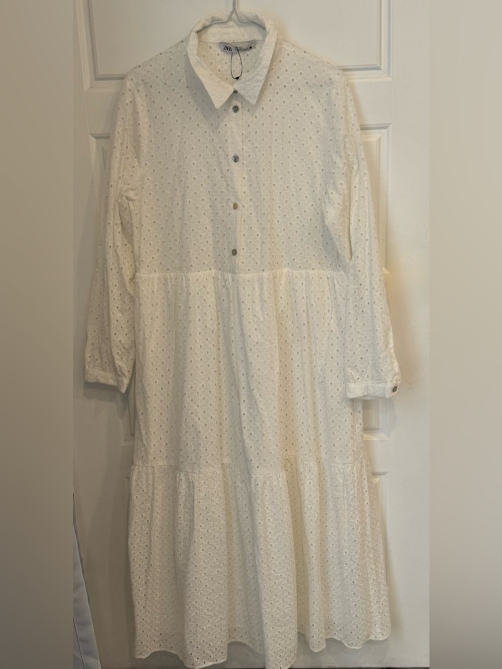 NEW Zara Cutwork Embroidered Midi Dress long sleeves collared boho chic street L - Picture 4 of 9